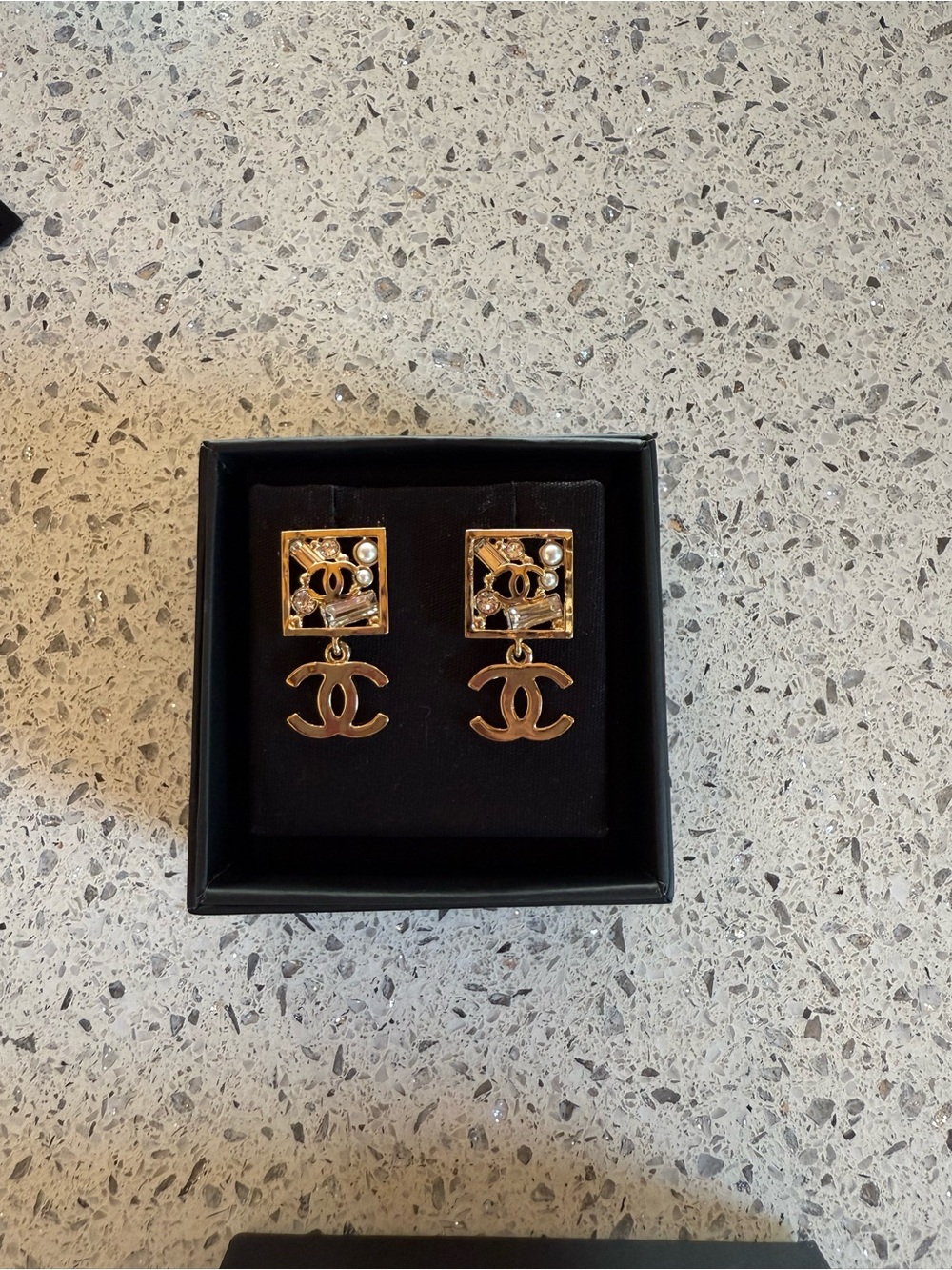 CHANEL Gold-Tone CC Drop Earrings with Pearl and Crystal Accents